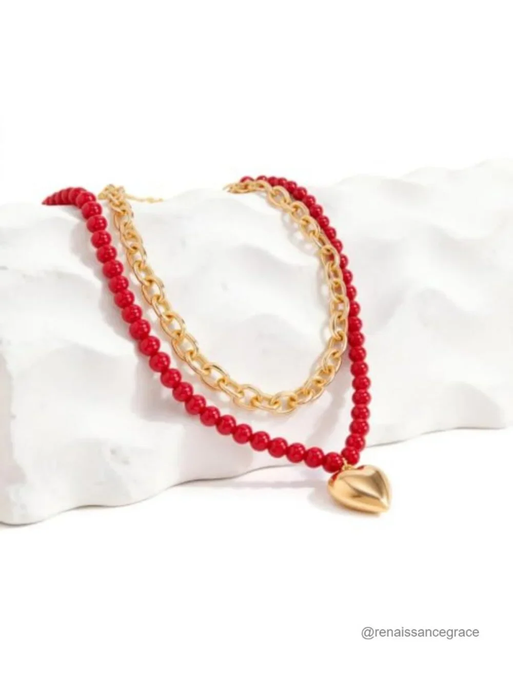 Red Beaded Layered Choker with Heart Pendant Statement Necklace 2-in-1
